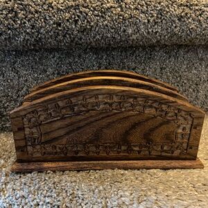 Handcrafted Wooden Napkin, letter holder, vintage, carved wooden detailing